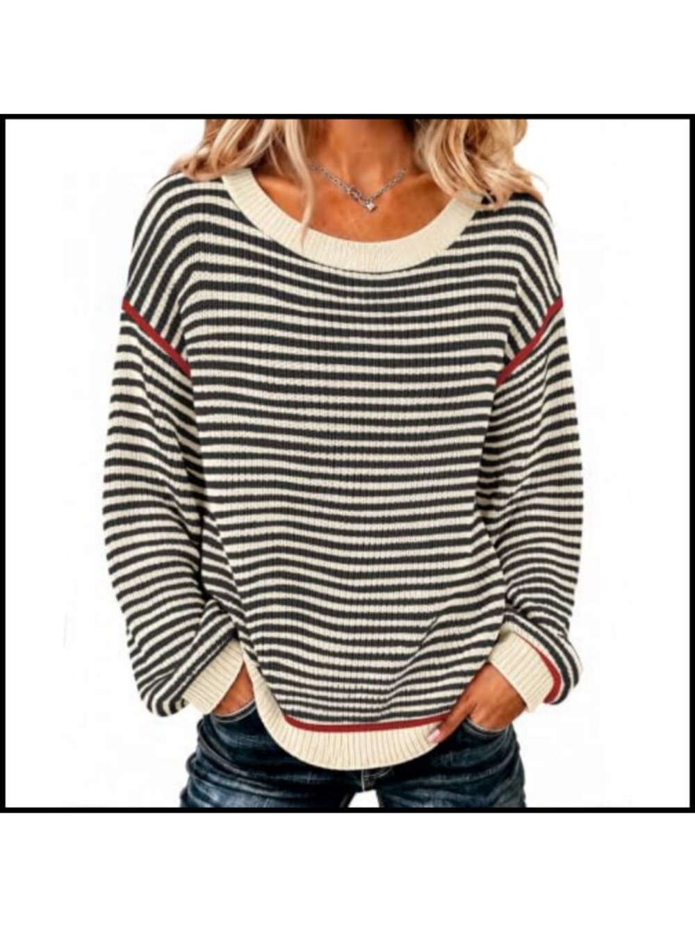 Womens Oversized Striped Pullover Sweater Crew Neck Off Shoulder Long Sleeve